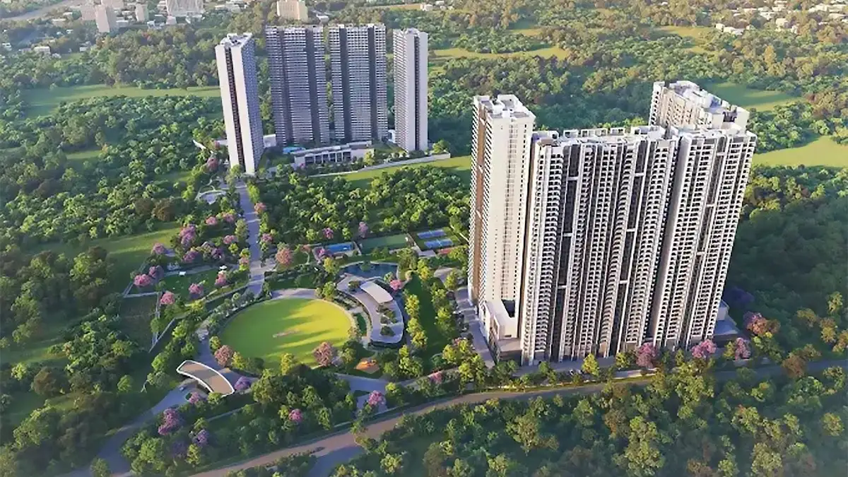 Aerial view of SOBHA Townpark Madison Heights in Bengaluru featuring modern high-rise towers, landscaped greenery, and premium residential architecture