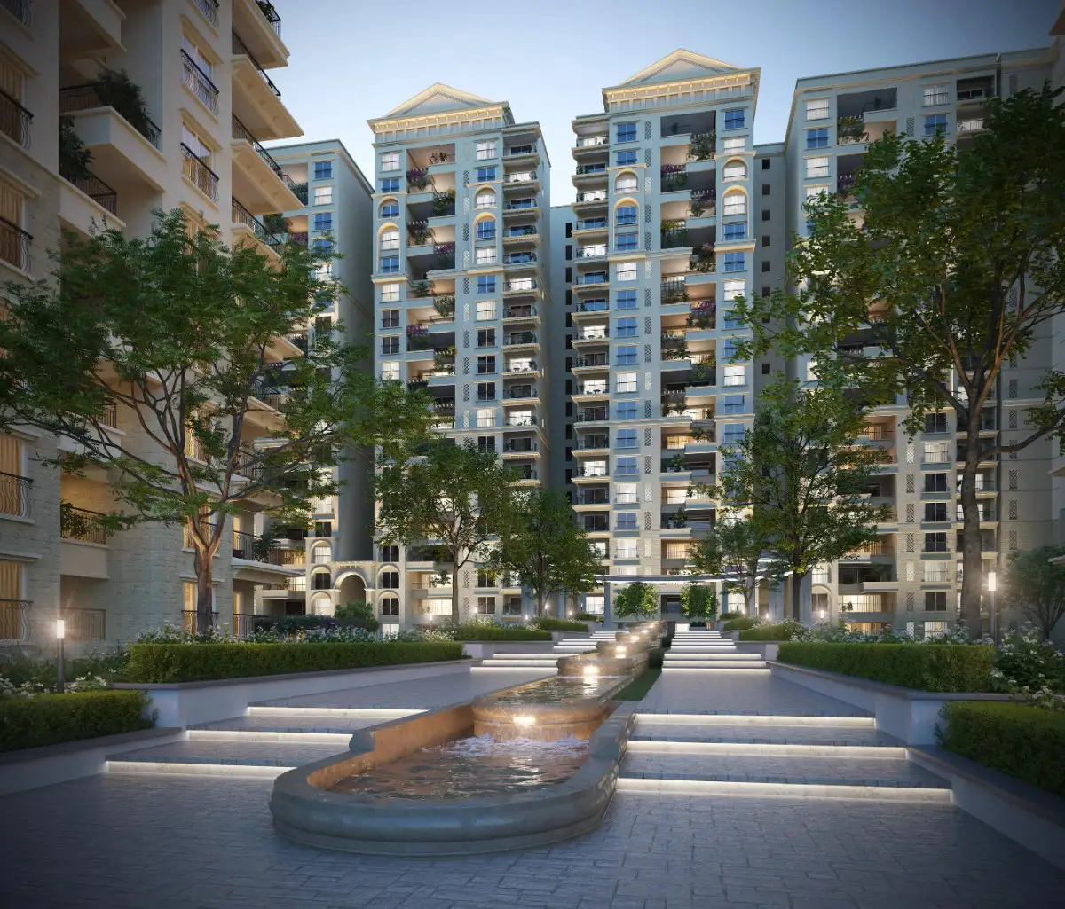 Exterior view of Sobha Infinia featuring modern high-rise residential towers, landscaped greenery, premium architecture, and luxury apartment surroundings