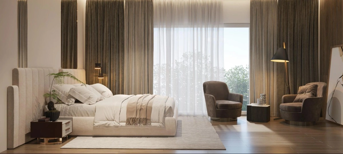 Luxury bedroom at Sobha Infinia apartments featuring elegant interiors, premium furnishings, modern decor, and ambient lighting