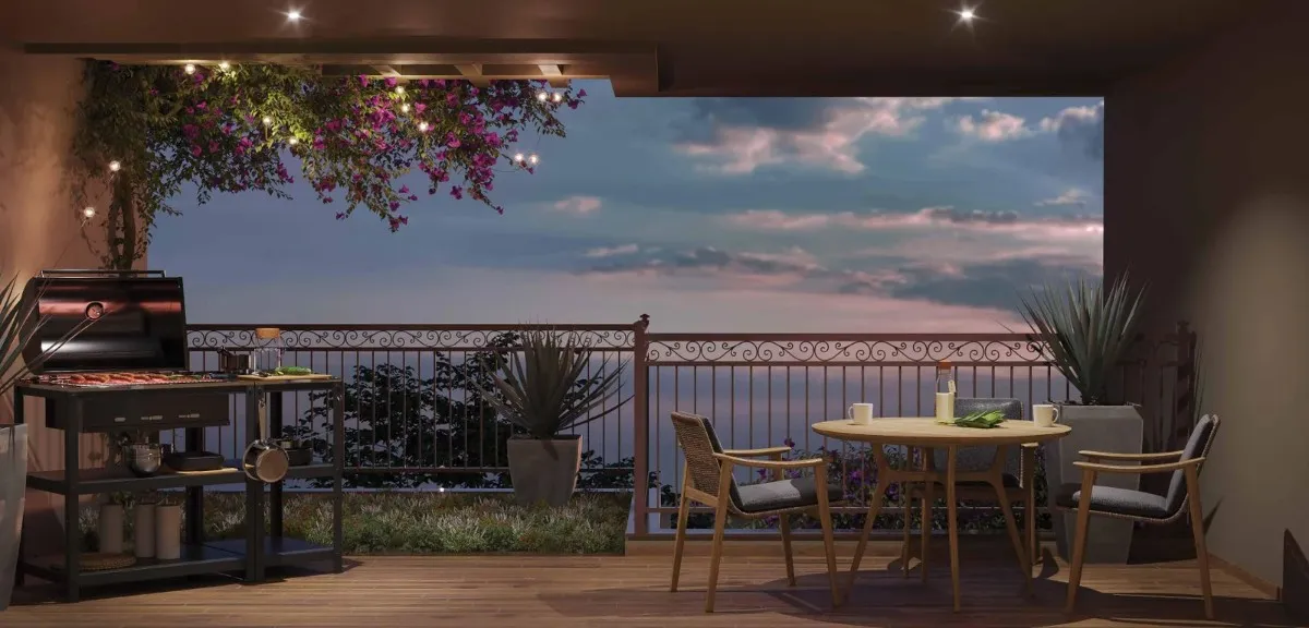 Luxury balcony view at Sobha Neopolis featuring modern high-rise towers, stylish glass railings, and premium outdoor living space